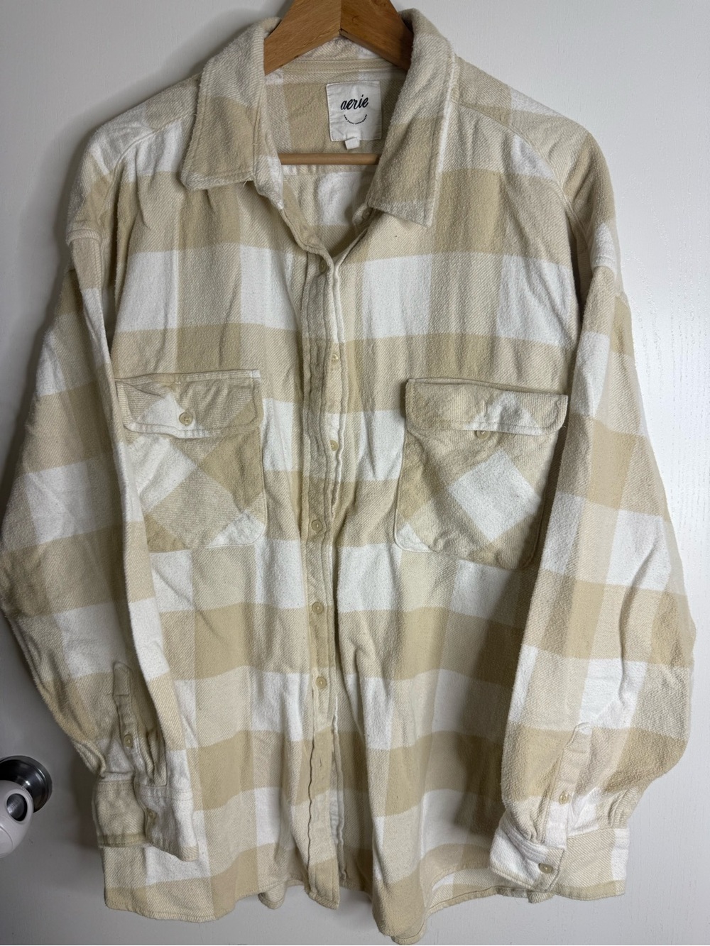 Aerie Lumber Jane Cream & White Plaid Flannel Button Up Cotton Womens XXL